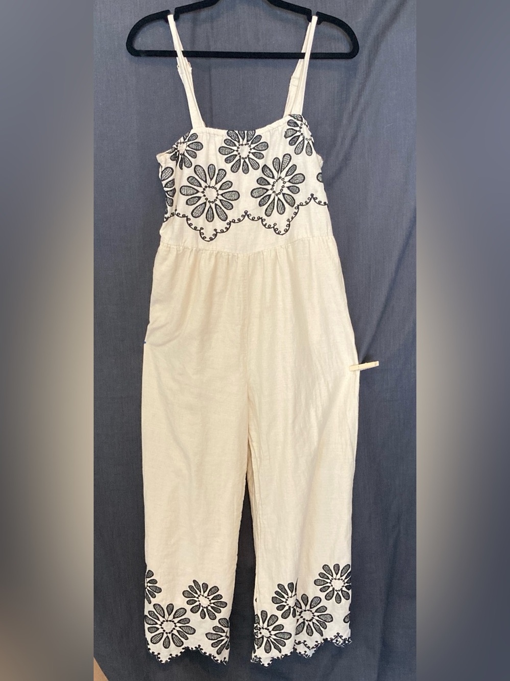 NAOO 100% Cotton Cream Romper/Jumpsuit with Black Floral Embroidery & Pockets